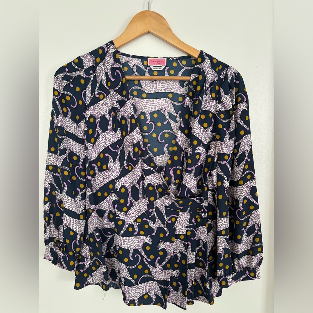 Kate Spade top. Size 6. Panther polka dot print blouse. Color teal, purple, gold